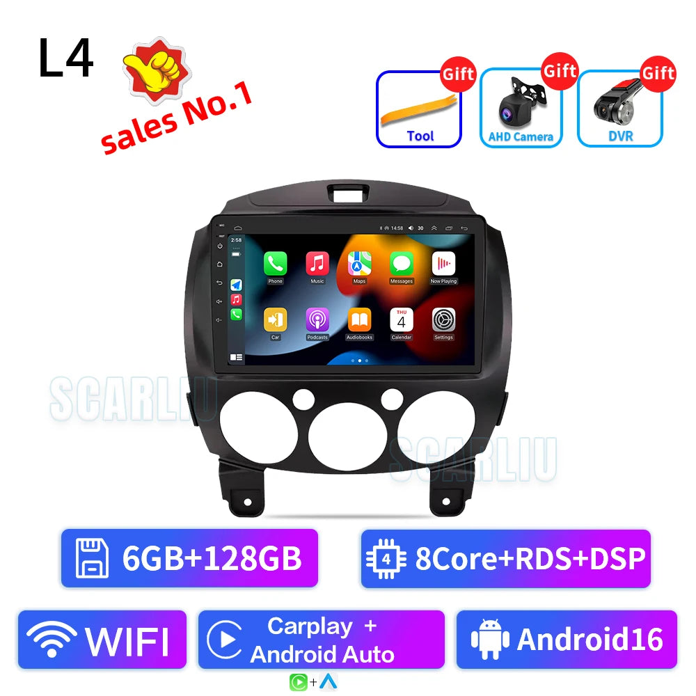 SCARLIU for Mazda 2 2007-2014 Multimedia Video Player 4G WIFI GPS Navigation Carplay DVD Head Unit 2 Din Android 16 Car Radio