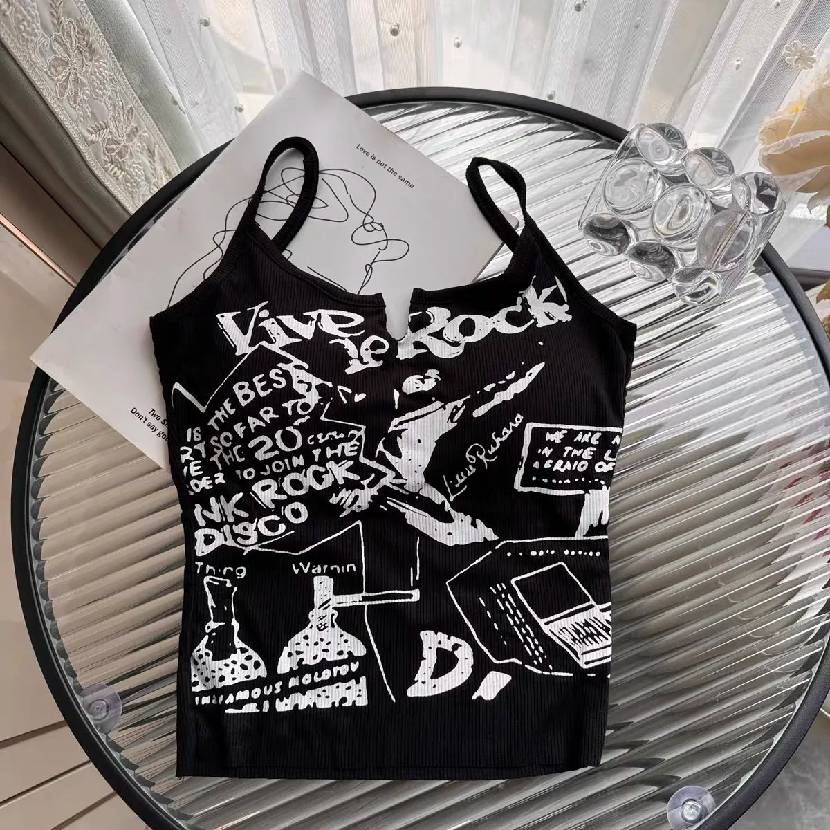 Sexy Y2K Spicy Girl  Strap Vest Women Summer American Short Print Sleeveless Top Inner Wear Commute Style Slim Fit