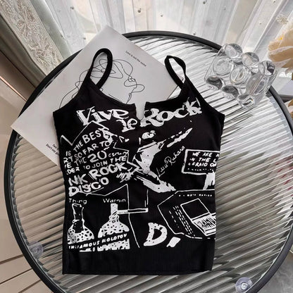 Sexy Y2K Spicy Girl  Strap Vest Women Summer American Short Print Sleeveless Top Inner Wear Commute Style Slim Fit