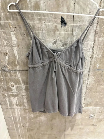 Sweet Lace-up Camisole Women Summer Streetwear Simple Basic Deep V-neck Sleeveless Vests Vintage Cute Cotton Tank Tops Y2K