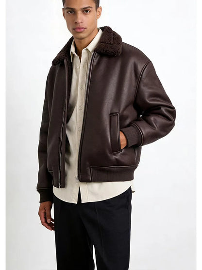 Loose Double-Sided Leather Effect Jacket Men's Casual Style Long Sleeve Zipper Closure Pure Color HMZR Autumn Winter New Arrival