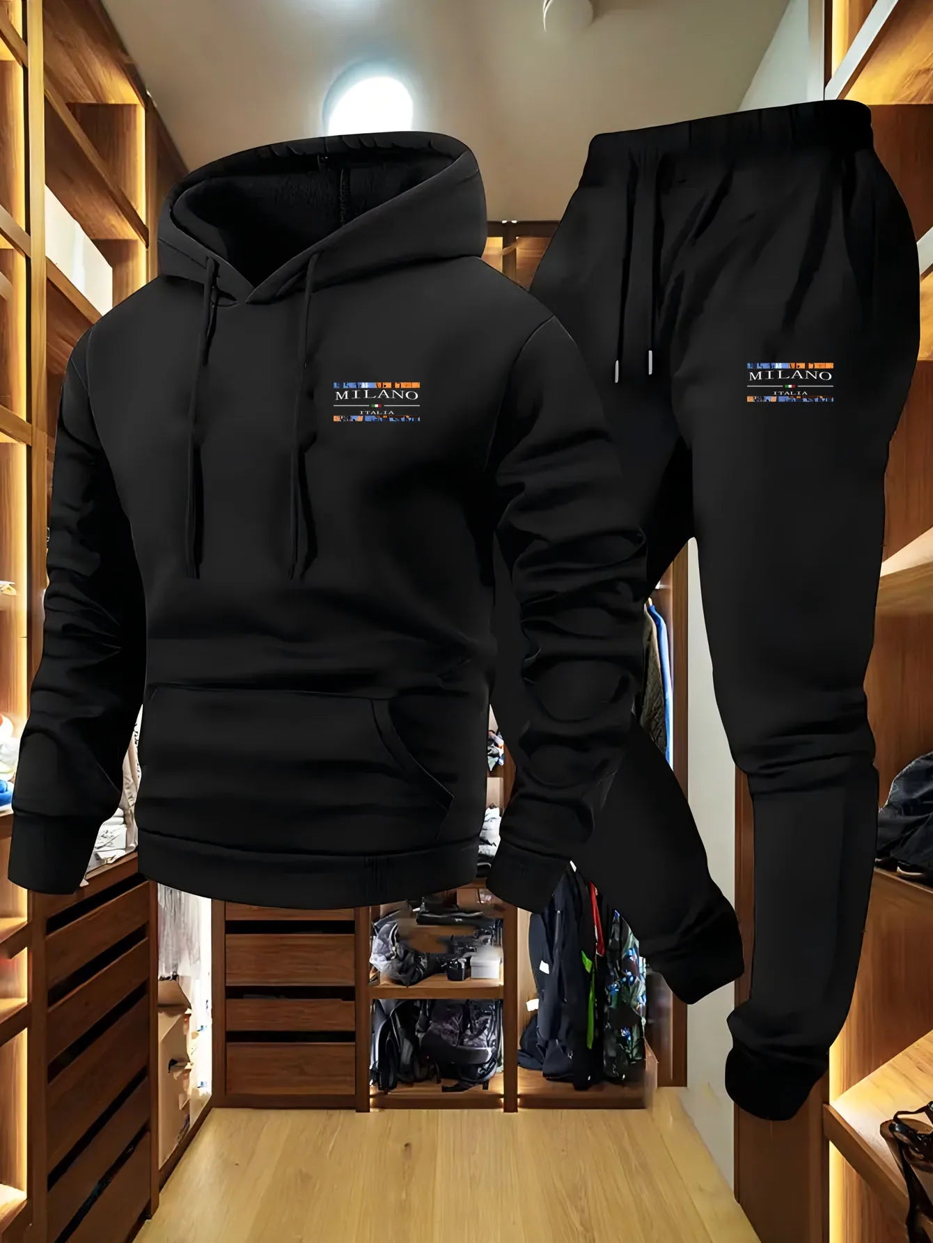 2-Piece Men's Casual Hooded Sweatshirt and Sweatpants Set - Los Angeles Letter Print Men's Outdoor Sports Set with Hooded Long S