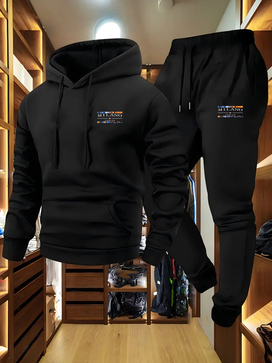 2-Piece Men's Casual Hooded Sweatshirt and Sweatpants Set - Los Angeles Letter Print Men's Outdoor Sports Set with Hooded Long S