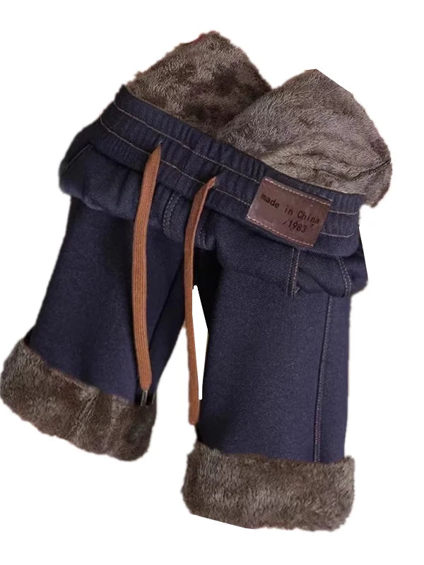 Women's Fleece Lined Wide Leg Pants High Waist Elastic Casual Mom Straight Leg Jeans Style Autumn Winter Fashion Loose Fit