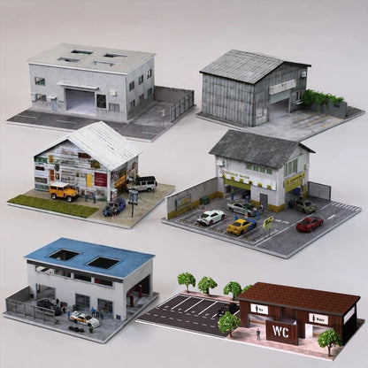 Diorama 1/64 Garage Model City Street Factory Building Scene Parking Lot Model for Die-Cast Car Display Case