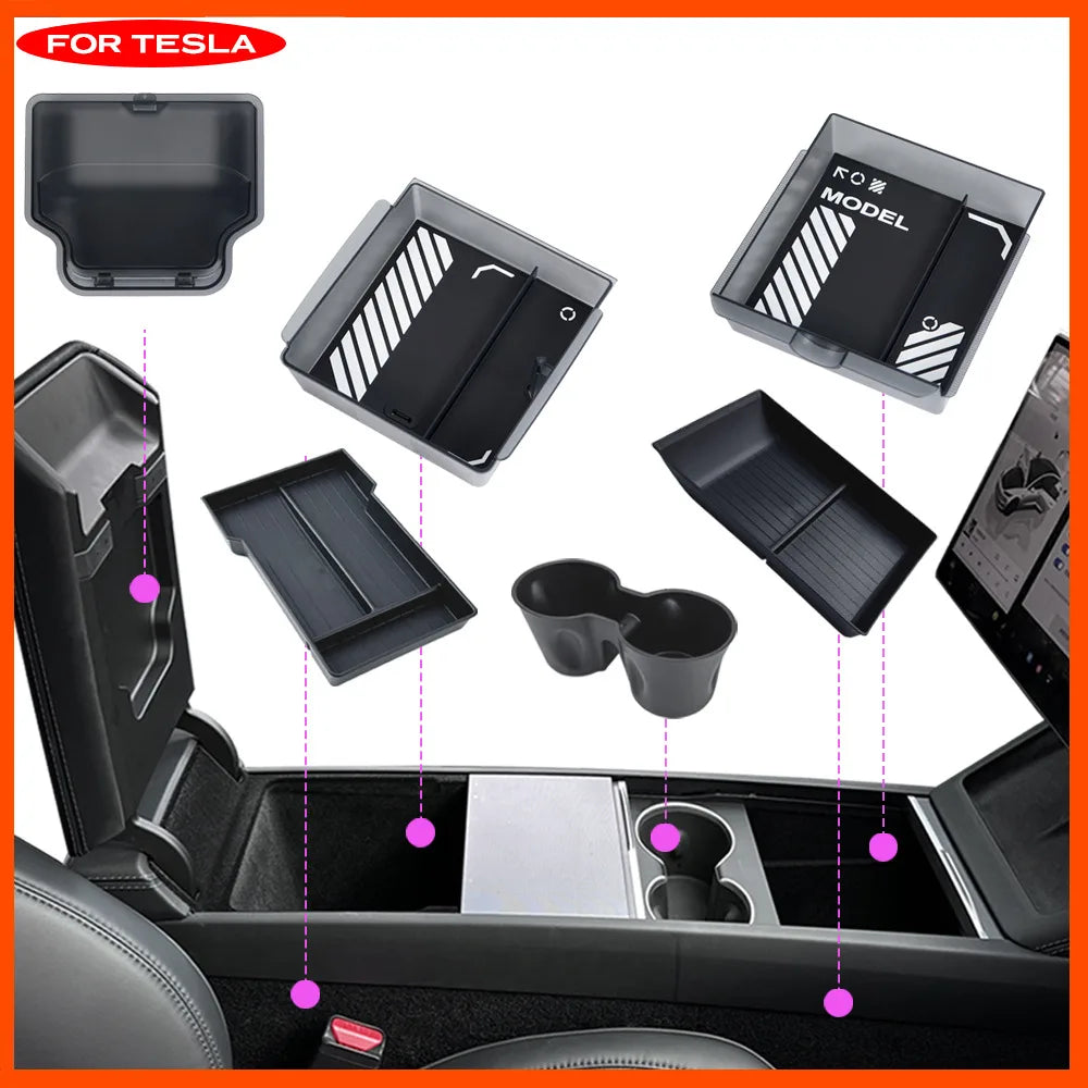 Interior Storage Organizer Fits Tesla Model Y Juniper 2026 Model YL Translucent ABS Console Box 2/4/6PCS Custom-fit Silicone Mat