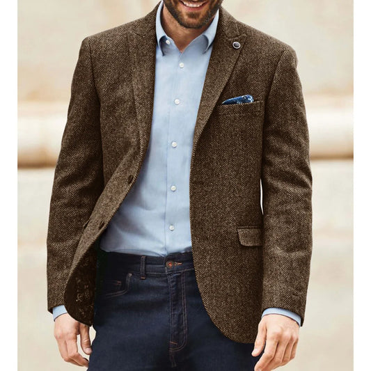 Men's Herringbone Tweed Suit Blazer Classic Notch Lapel Dress Jacket Elegant Slim Fit Fashion Simple Casual Business Outerwear