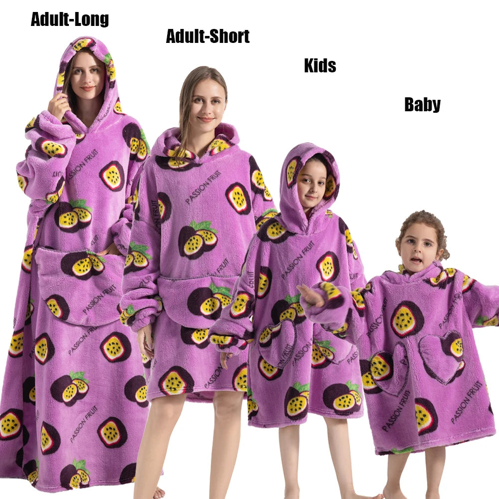 Halloween Family Matching Blanket Hoodies Women Cartoon Bear Dinosaur Sweatshirts Adult Oversized Warm Pullover Winter Clothes
