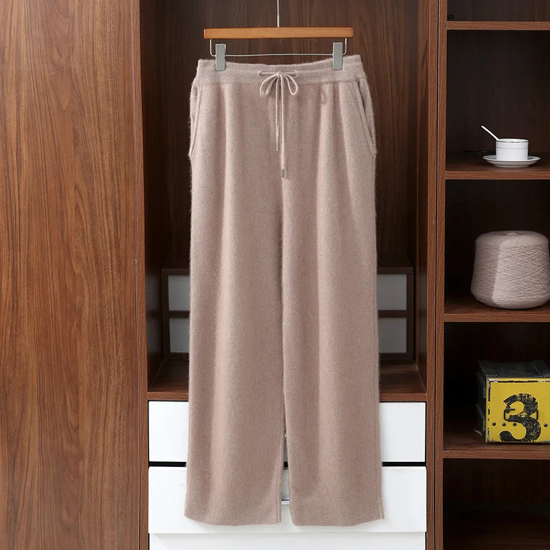 MVLYFLRT Men's 100% Mink Cashmere Thick Wide Leg Pants Comfortable Fit Knitted Luxury Winter Trousers D188