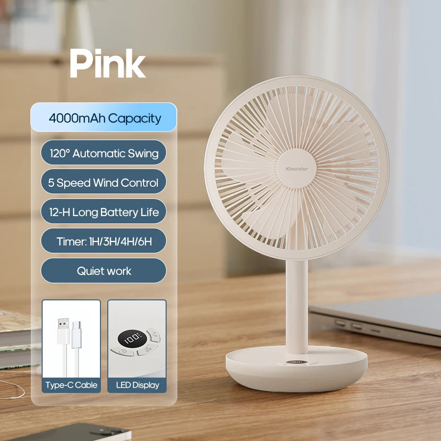 KINSCOTER Smart Oscillating Desktop Fan 5 Gear Wind Speeds Angle Adjustable 4000mAh Rechargeable Fan for Home Office Room