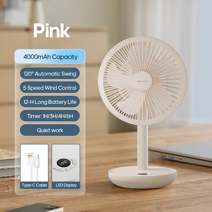 KINSCOTER Smart Oscillating Desktop Fan 5 Gear Wind Speeds Angle Adjustable 4000mAh Rechargeable Fan for Home Office Room