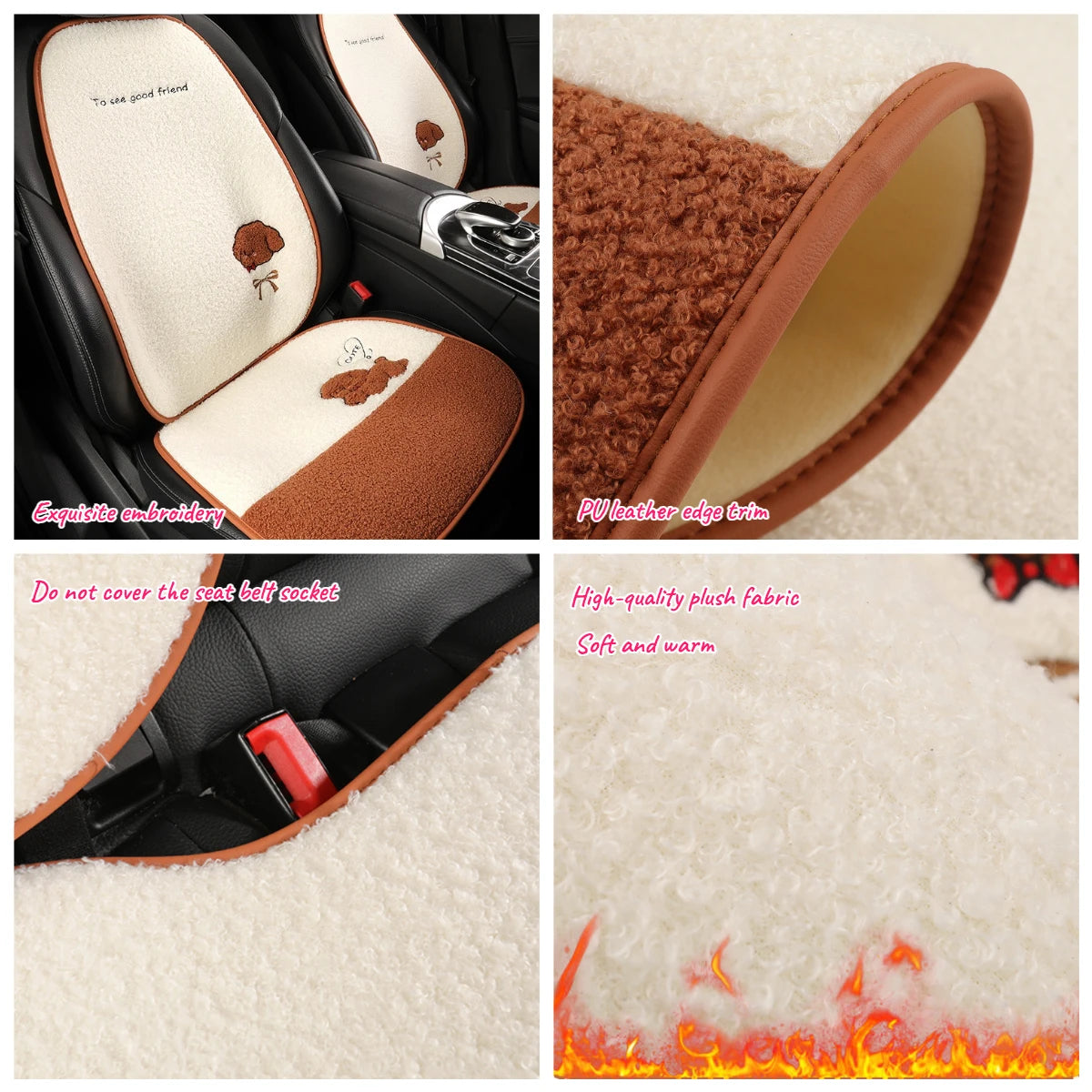 Funny Puppy Car Seat Cover 2025 New Autumn Fleece Fabric PU Leather Warm Comfortable Quick Installation Fits Most Cars