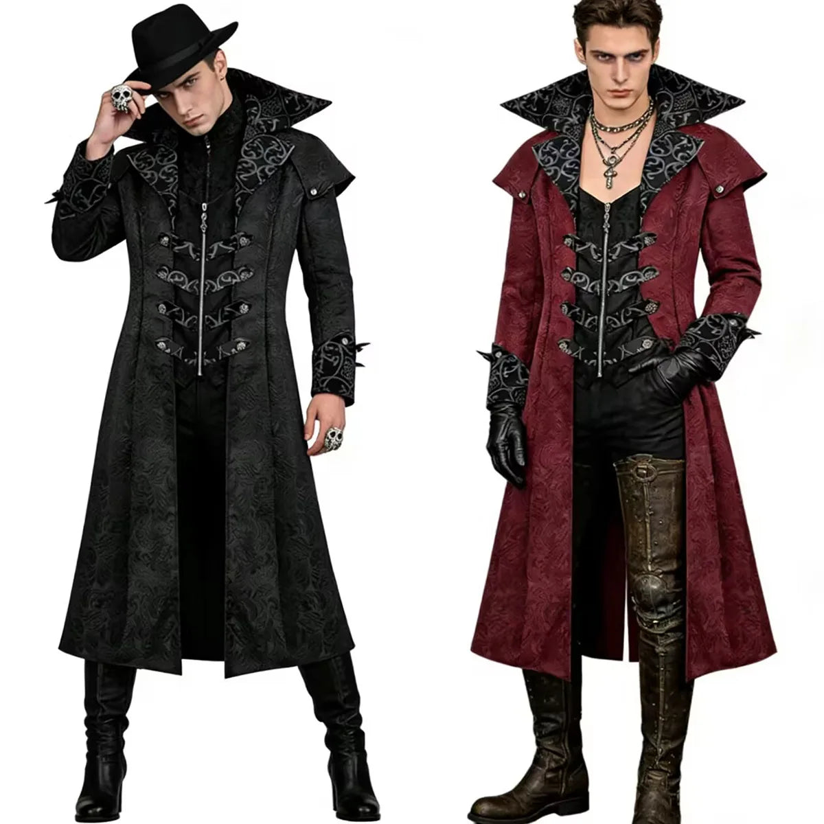 Men's Gothic Steampunk Long Coat Vintage Vampire Victorian Medieval Cosplay Costume High Collar Trench Coat Halloween Party Dres