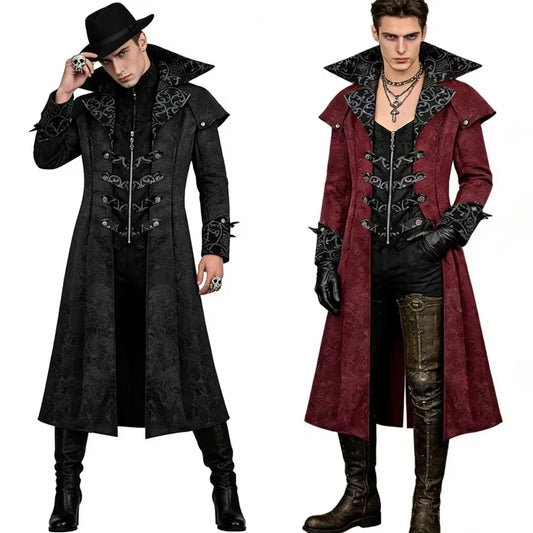 Men's Gothic Steampunk Long Coat Vintage Vampire Victorian Medieval Cosplay Costume High Collar Trench Coat Halloween Party Dres