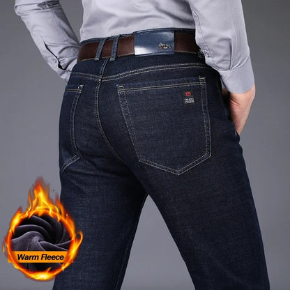 2025 Winter Warm Men's Jeans Fleece Thickened Elastic Straight Business Casual Denim Pants Plush Velvet Comfortable Trousers