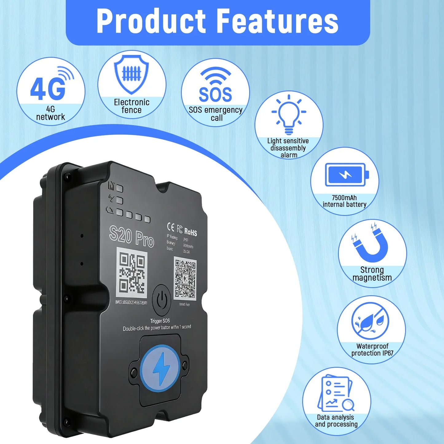 4G GPS Vehicle Tracker 7500mAh IP67 Waterproof 160-Day Long Standby Multiple Alarms Anti-Lost For Cars Trucks With Paid App