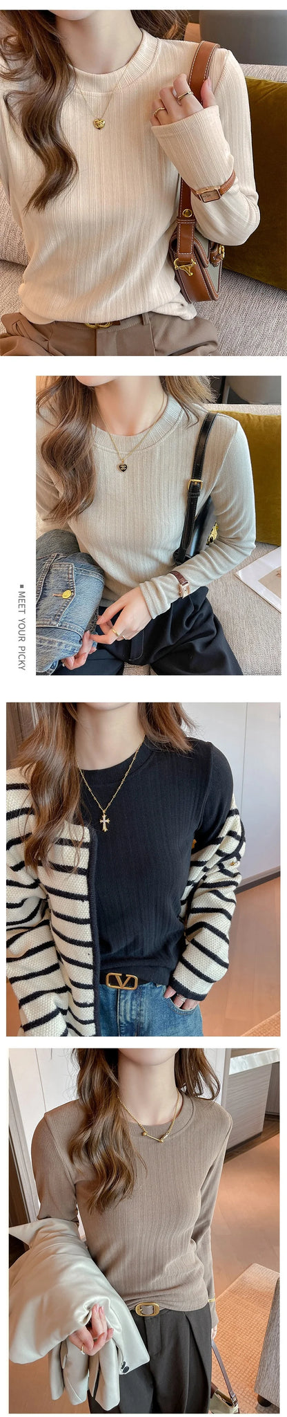 Women’s Soft-Wear Top Ribbed Crew-Neck Base Layer, Long-Sleeved T-Shirt Suitable for Layering or Wearing on Its Own