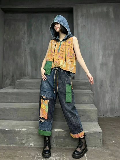 Distressed Color-blocked Denim Patchwork Hooded Vest + Jeans Two-piece Set Women 2026 Summer Stylish Fashion Suit XY324