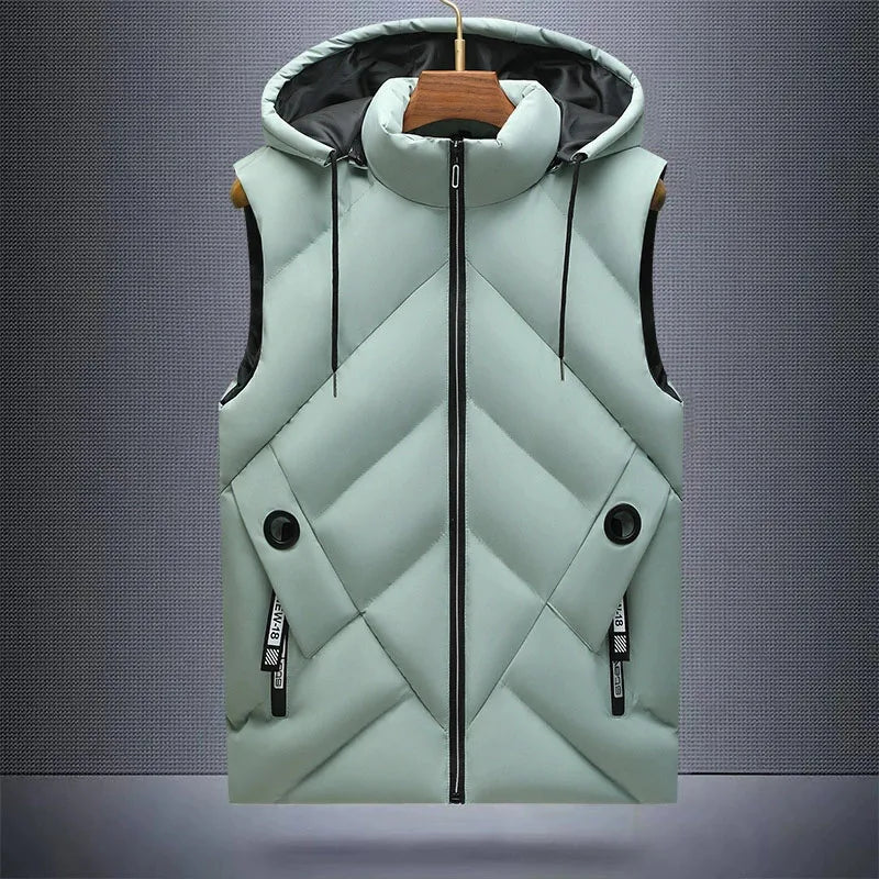 Winter Down Cotton Vest Jacket Men Waterproof Zipper Detachable Hat Sleeveless Coat Man Hooded Stand-Up Collar Casual Waistcoat