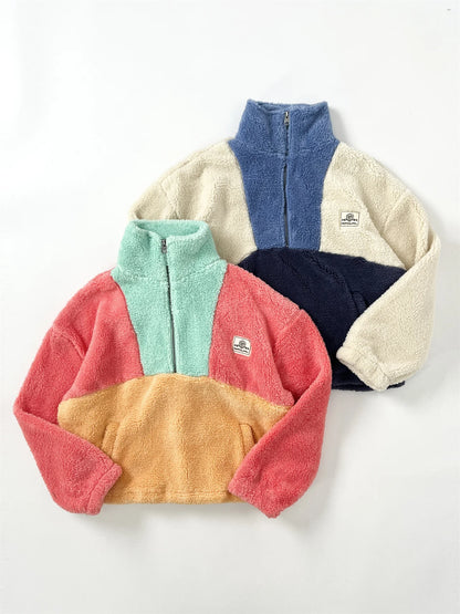 Australian Single Surfing Wind Women's Fleece Sweatshirt Coat Half Zipper Warm Fluffy Hoodie Jacket Color Block Casual Style