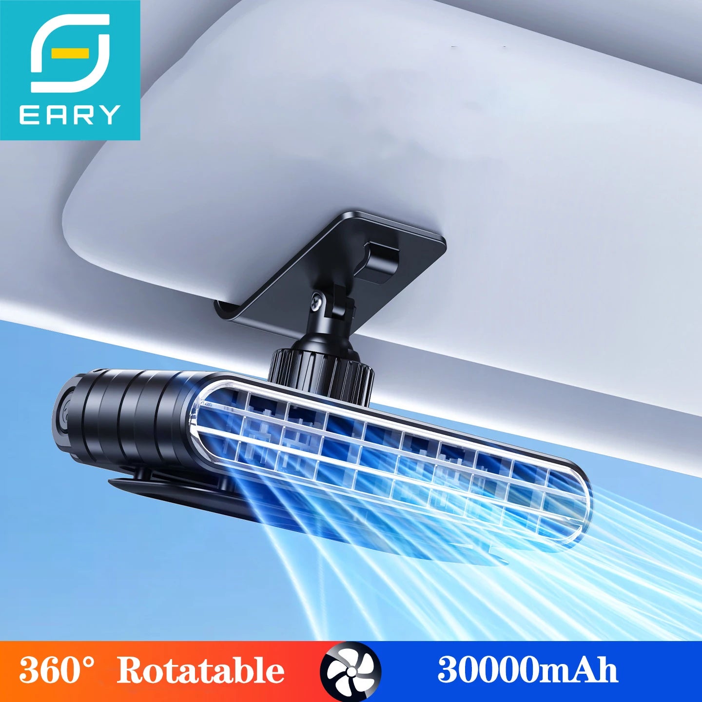 Eary Car Clip Fan Portable USB Rechargeable 30000mAh Sun Visor Fan 360° Rotate 5 Speeds Cooling Fan Ultra-thin Quiet Auto Cooler