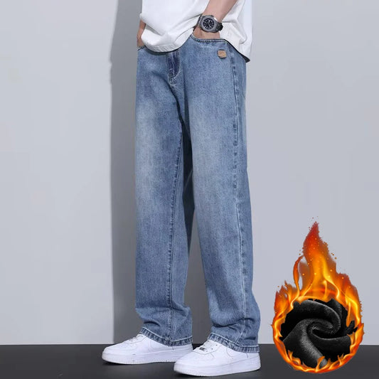 2026 Winter New Men Fashion Vintage Jeans Male Thickened Warm Wide Leg Denim Pants Trend Versatile Straight Leg Trousers