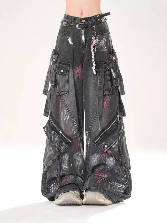 American 2000s Heavy Industry Y2K Harajuku Gothic Multi-Pocket Washed Black Jeans Men And Women Oversize Hip Hop Wide Leg Pants
