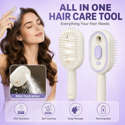 Self Cleaning Hair Brush with Mist Spray Scalp Massager Anti Frizz Detangling Comb Portable Rechargeable Hair Care Tool