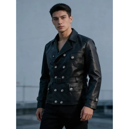Mens English Gothic Black Leather Trench Coat Military Officer Classic