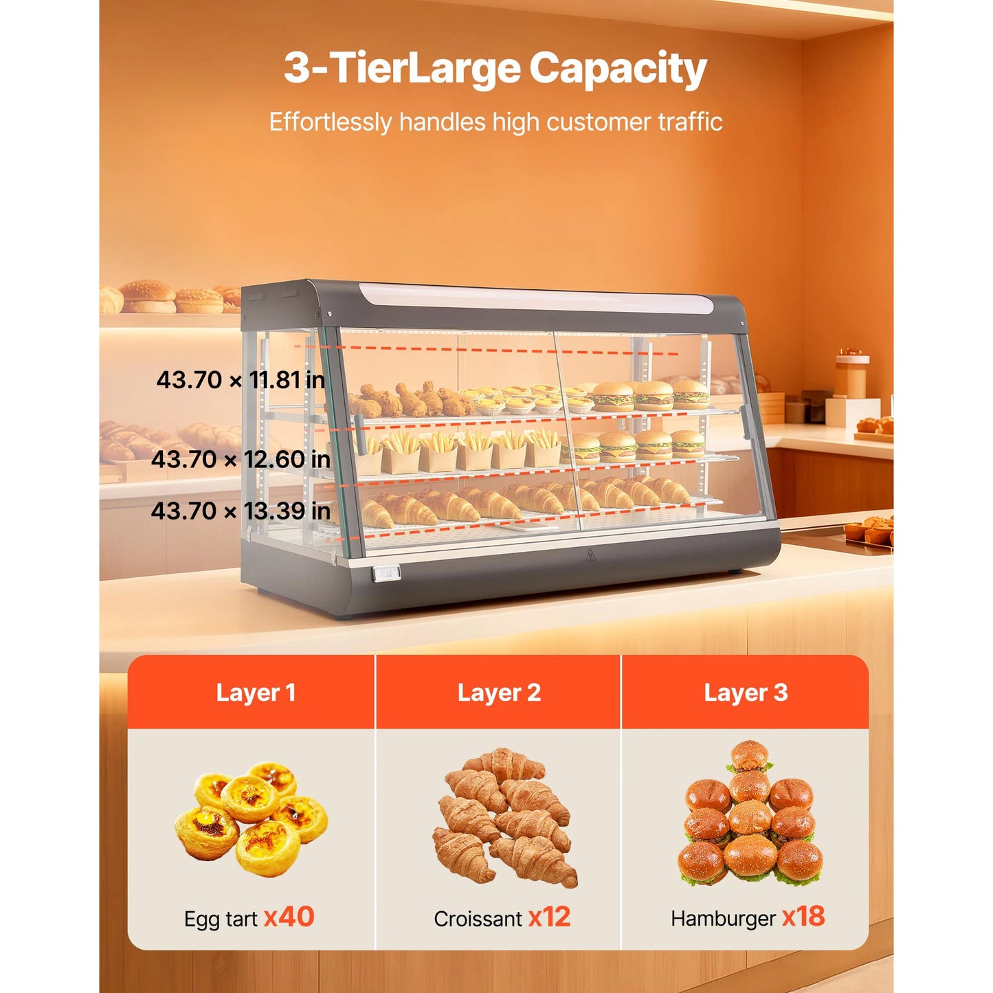 SucceBuy 190Qt 1600W 3-Tier Commercial Food Warmer Display with LED Light Top Storage and Adjustable Shelves for Hamburger Bread