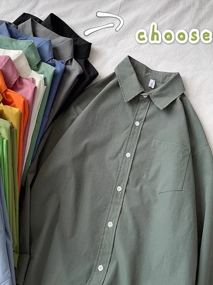 Loose Long Sleeve Pure Color Shirt Women's Basic Style Retro Korean Hong Kong Style Casual Outerwear for Couples Student Fashion