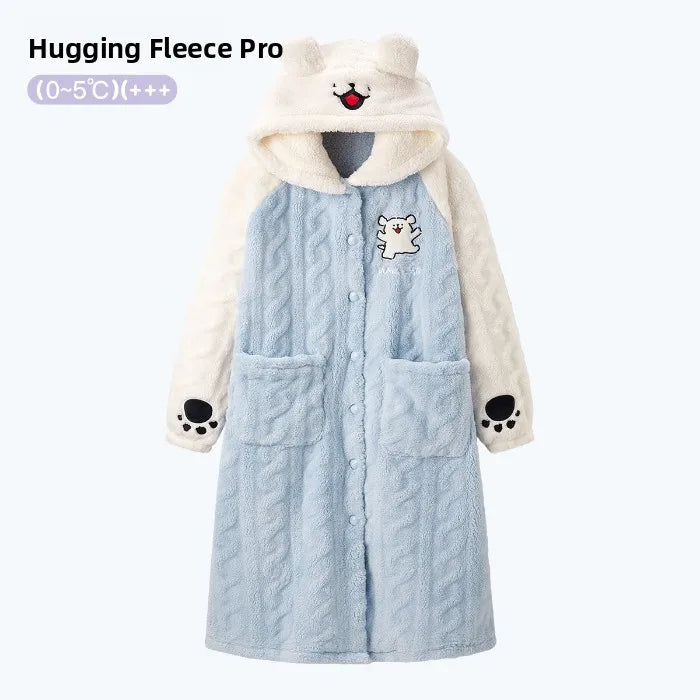 Thickened Coral Fleece Sleep Robe for Women Winter Home Clothes Couples Pajamas Cute Warm Long Cartoon Patterned Robe
