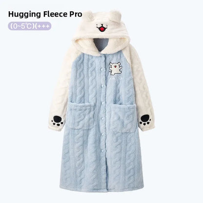 Thickened Coral Fleece Sleep Robe for Women Winter Home Clothes Couples Pajamas Cute Warm Long Cartoon Patterned Robe