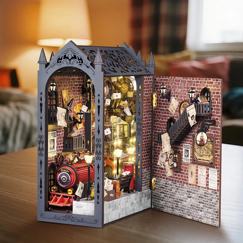 DIY 3D Puzzles Wooden Book Nook Kits Bookend Wooden Doll House Bookshelf Insert Decor Assembly Building Model Toys For Xams Gift