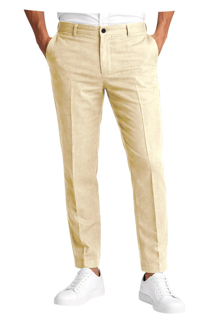 Men's Linen Cropped Pants Slim Fit 9 Points Ankle Dress Pants Business Casual High Waist Suit Trousers Breathable Office Summer