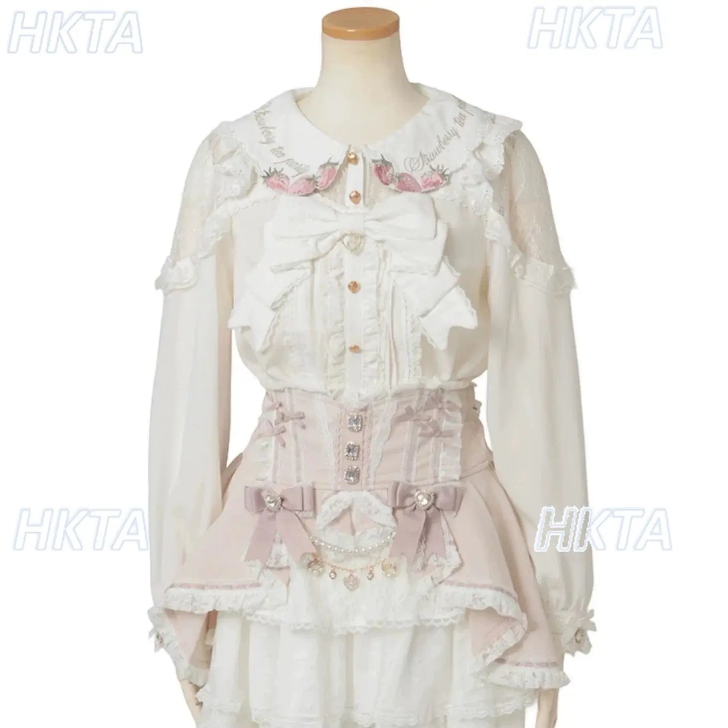 Japanese Mass Produced New Sweet Doll Collar Lolita Strawberry White Shirt Female 2026 Spring Pleated Lace Bow Blouses Top Women