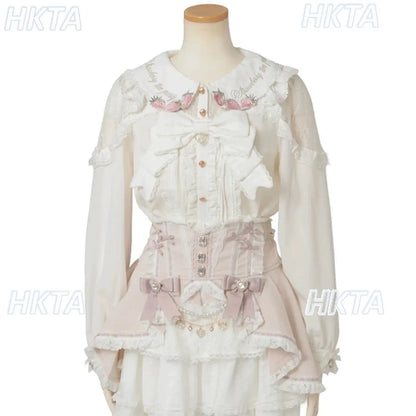 Japanese Mass Produced New Sweet Doll Collar Lolita Strawberry White Shirt Female 2026 Spring Pleated Lace Bow Blouses Top Women