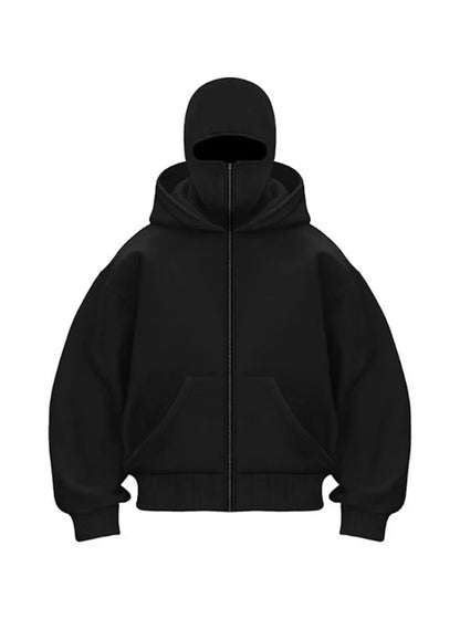 Men's Full Zip Hoodie with Built-in Face Mask Balaclava Techwear Sweatshirt with Crossbody Strap Tactical Streetwear Top