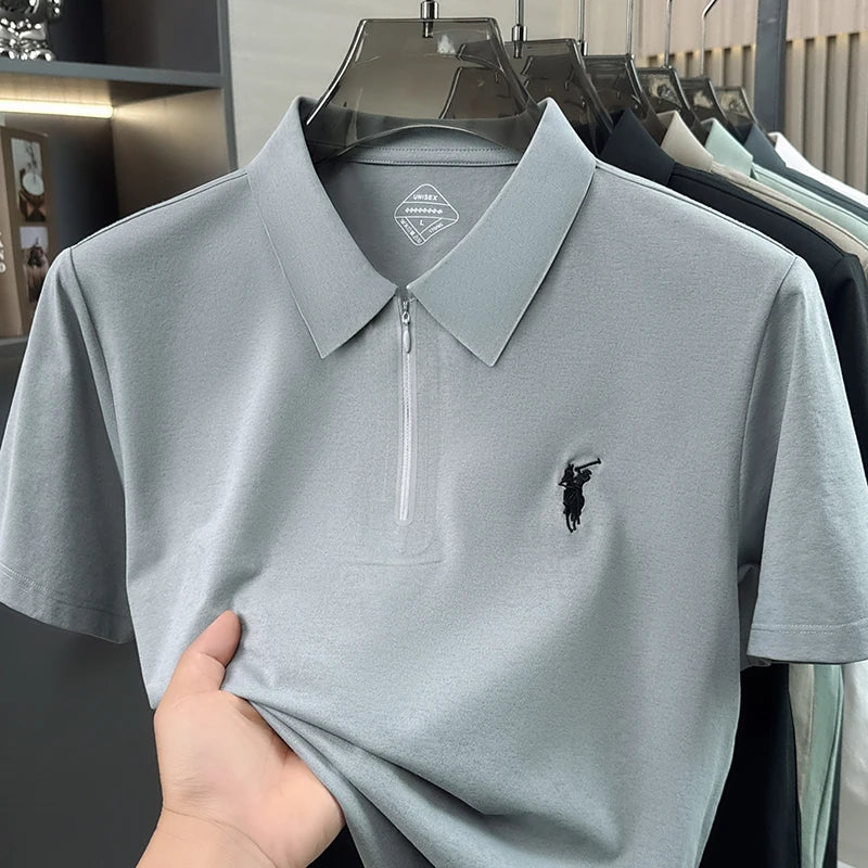 Summer New Ice Silk Cool Short Sleeved Polo Shirt, Skin Friendly, Breathable, Lapel Zipper, Business Casual T-shirt for Men