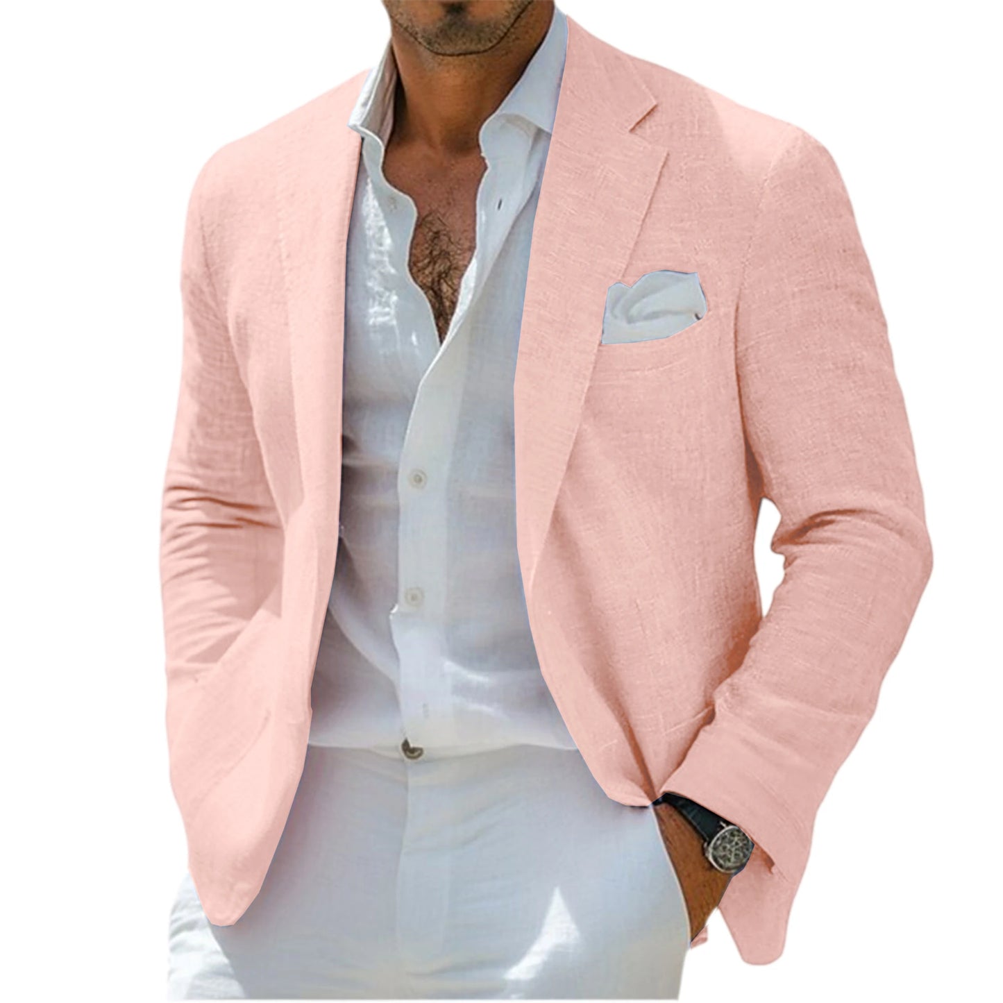 Men's Linen Blend Blazer Notched Lapel Single-Breasted Casual Business Sport Coat Slim Fit Breathable Lightweight Jacket