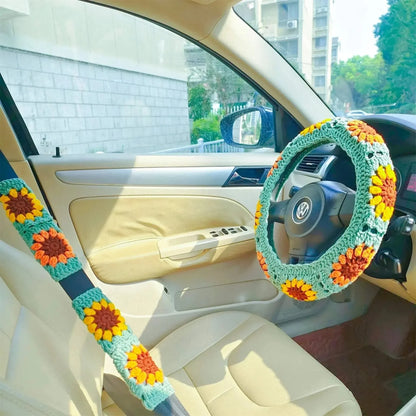 Warm Anti-Slip Hand Crocheted Flower Car Steering Wheel Cover Simple Stylish Winter Car Decor Safe Driving Seat Belt Accessory