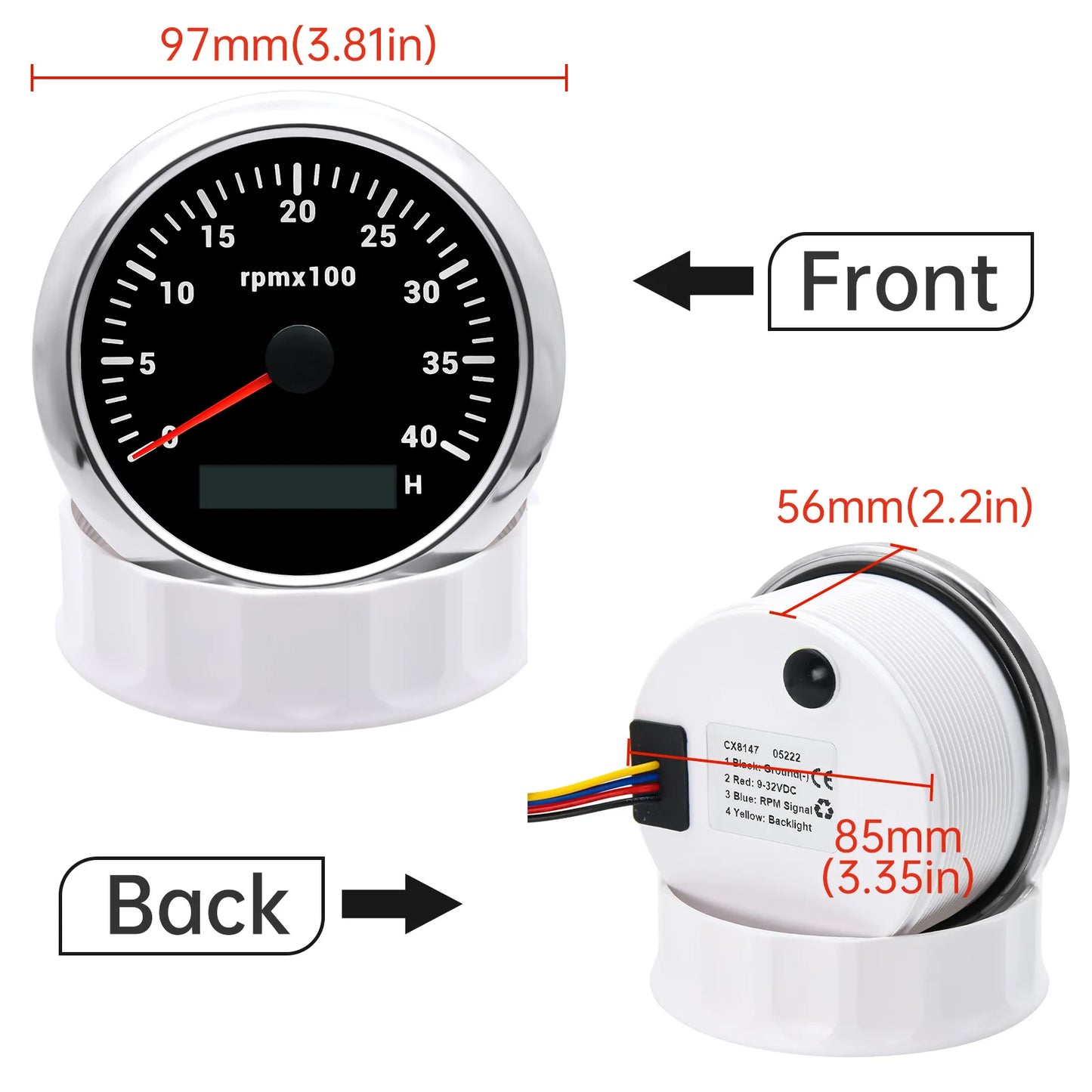 AD 85MM Tachometer with LCD Hour Meter For Marine Boat Car RPM Gauge 0-3000 4000 8000 RPM Meter Tach Sensor 7Colors Backlight