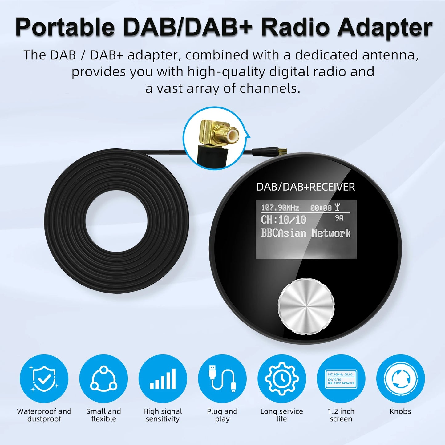 Portable Car DAB/DAB+ Radio Adapter FM Transmitter, ∞ Presets, HD Display, Instant Upgrade, Crystal Clear Sound for All Vehicles