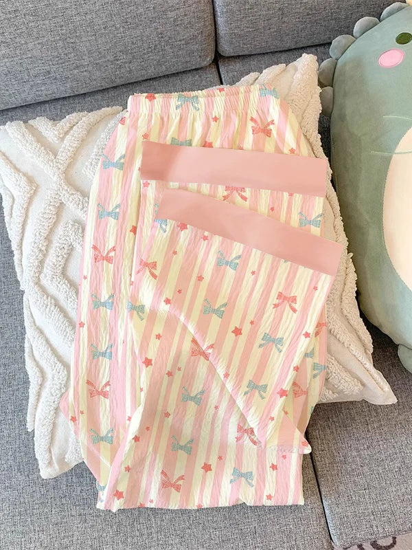 Girls Stripe Sleepwear Women's  Knot Star Long Sleeve Long Pants Korean Style Sweet Crepe Home Clothes Set