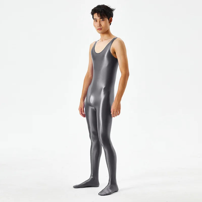 Sexy Body Shaper Jumpsuit Men Fitness Trimmer Sleeveless High Elastic Breathable Sheer Bodysuit With Bulge Pouch Slim Tights