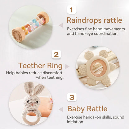 Baby Rattle Set Present Box Crochet Animal Toy Cartoon Flower Teether Rain Tube 0-12 Months Baby Sensory Toy Set Newborns Gifts
