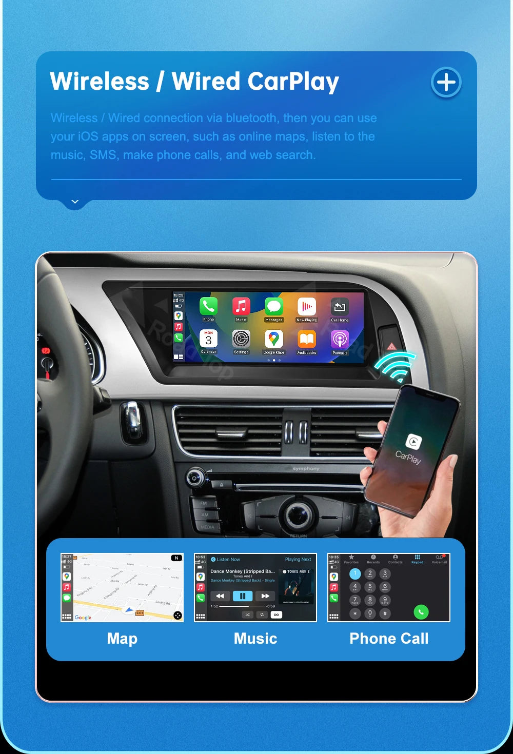CN Road Top 8.9 12.3'' Touch Screen Multimedia Player Andriod Auto Link For Audi A4 S4 B8 2009-2015 GPS Carplay Display Car Play