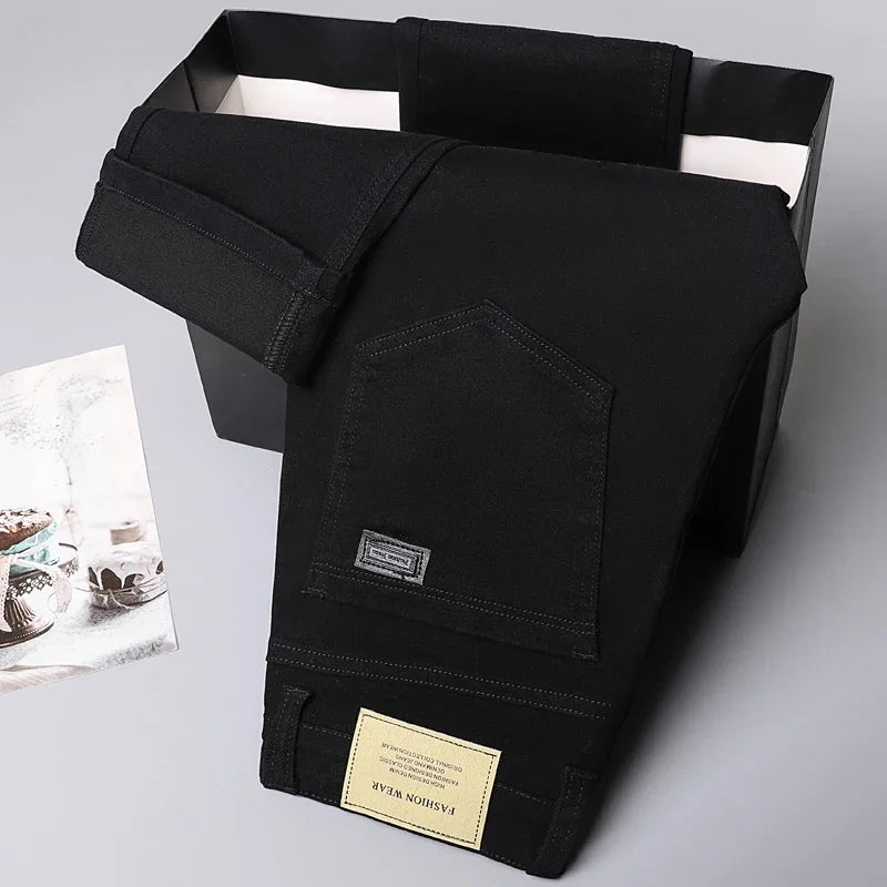 White Cotton Jeans Men's Elastic Soft Comfortable Business Casual Trousers Fashion Korean Fit Straight Spring Autumn Denim Pants