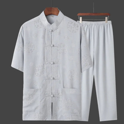 Spring Summer Large Size Linen Cotton Men's Tang Suit Ethnic Style Hanfu Set Home Wear Comfortable Loose Fit Traditional Chin...