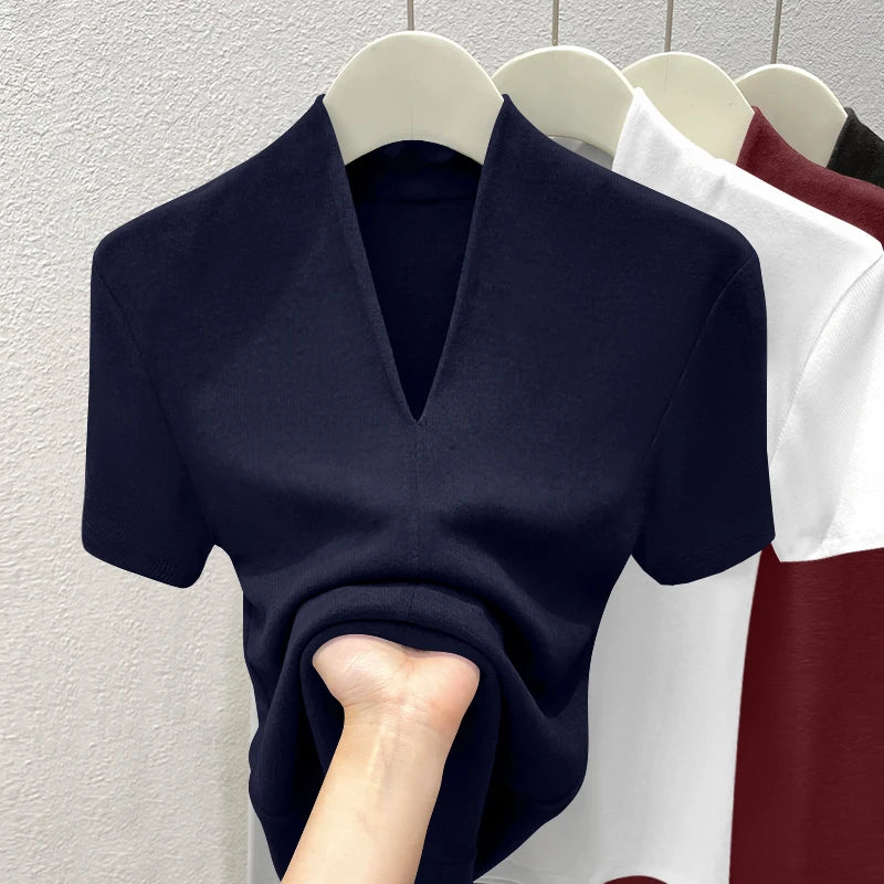 Premium Quality Short Sleeve V-Neck T-Shirt Women's Fashion Shoulder Design Versatile Base Shirt Summer Wear Comfortable Fit